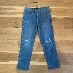 J. Crew Medium Blue High-Rise Straight Jeans with Knee Rips